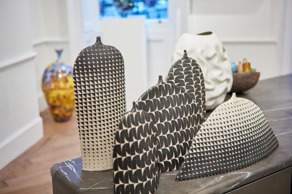 Björk Haraldsdóttir – black & white geometric vessels Cecilia Moore – metal sculpture