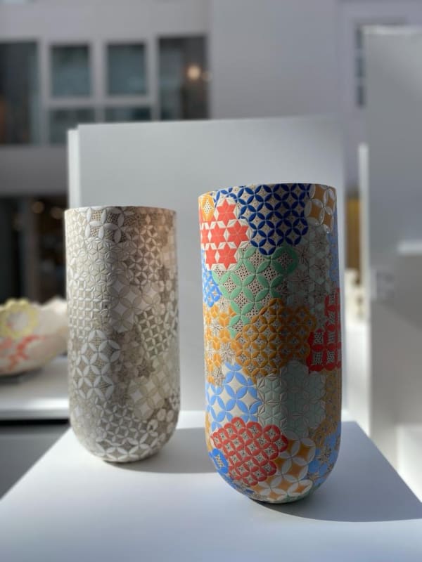 Frances Priest Vase Form | Grammar of Ornament – Byzantine No 3 Colour 32 cms high x 16 cms diameter, handbuilt ceramic form, inscribed line, earthenware glaze and vitreous slip, 2020