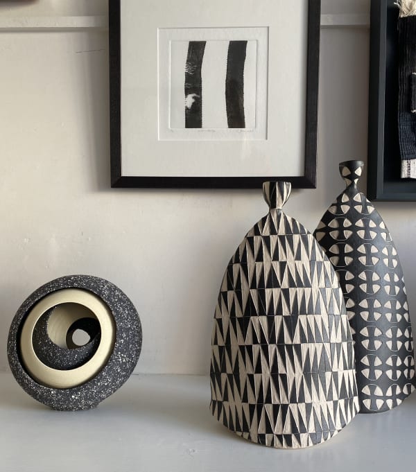 Dry Point Etching by Jacy Wall alongside ceramic sculptures by Björk Haraldsdóttir and Matthew Chambers