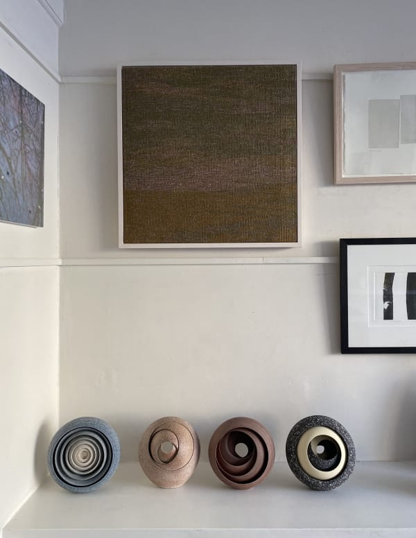 Hand woven tapestry by Katharine Swailes alongside ceramic sculptures by Matthew Chambers and painting by Kate Sherman