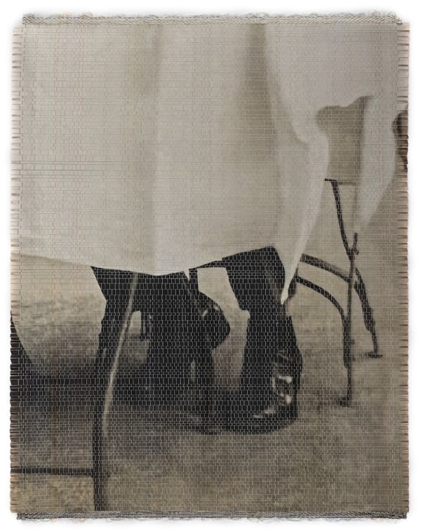 Susanne Wellm - In The Same Mood As Before, 2024, Woven, giclée print, acrylic paint, fluorescent paint, cotton thread. Unique, 91 x 72 cm