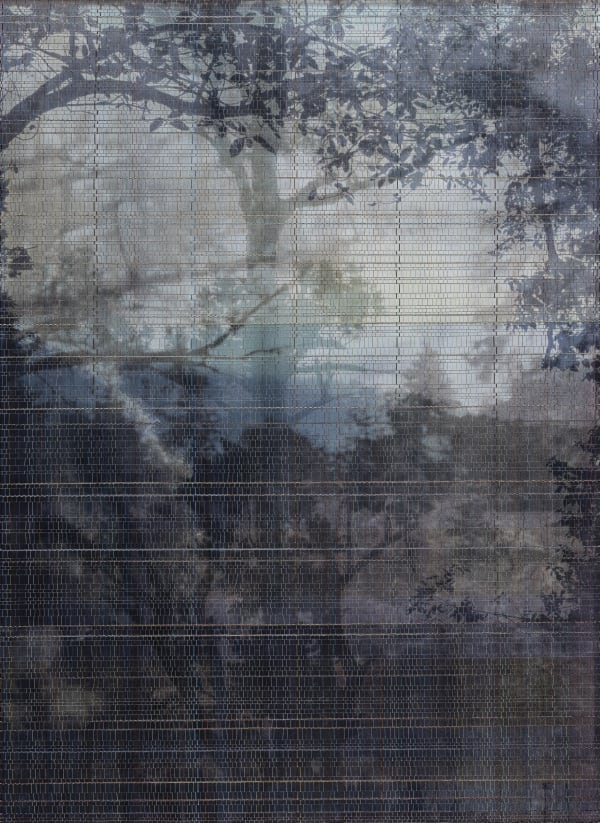 Susanne Wellm Trees In A Merged Landscape, 2023 Signed and dated certificate of authenticity Woven, Giclée print, acrylic paint, cotton and polyester thread. Handcrafted stained oak frame with TC museum glass Unique Image size: H 121,5 x W 89 cm Frame size: H 131,5 x W 99 cm