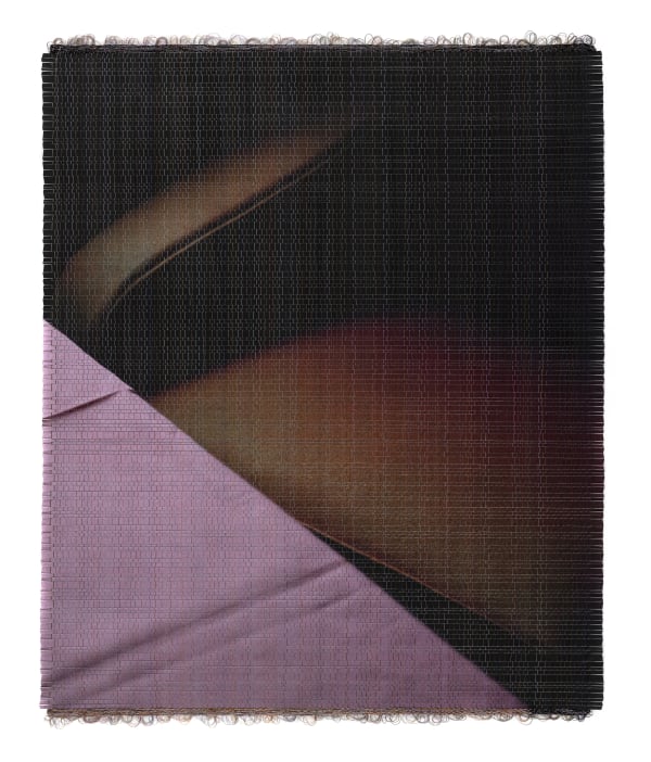 Susanne Wellm Soft Corner, 2023 Signed and dated certificate of authenticity Woven, Giclée print, acrylic paint, cotton and polyester thread. Handcrafted stained oak frame with TC museum glass Unique Image size: H 92 x W 72 cm Frame size: H 102 x W 82 cm