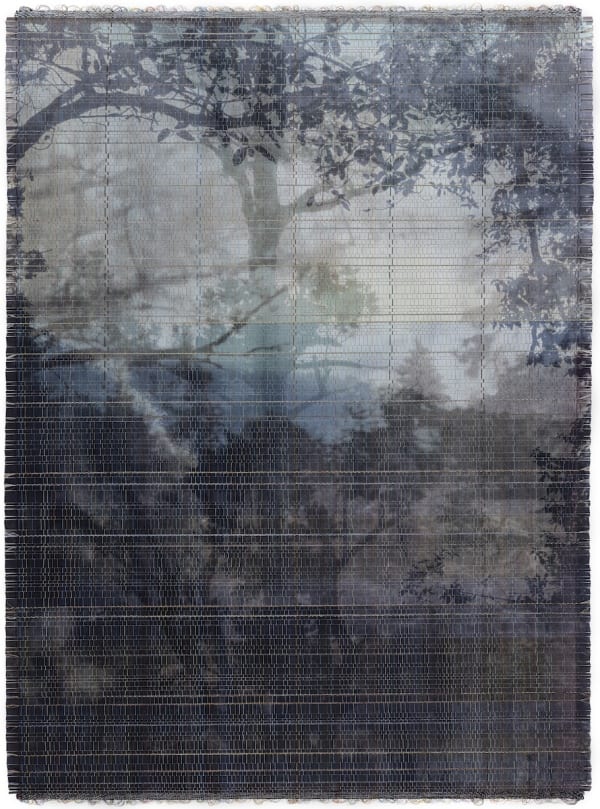 Susanne Wellm Trees In A Merged Landscape, 2023 Signed and dated certificate of authenticity Woven, Giclée print, acrylic paint, cotton and polyester thread. Handcrafted stained oak frame with TC museum glass Unique Image size: H 121,5 x W 89 cm Frame size: H 131,5 x W 99 cm