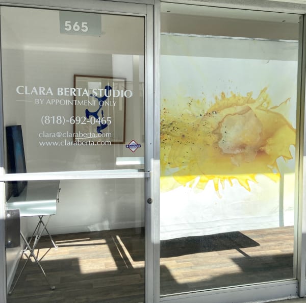 The new Clara Berta Studio, window view, Hemet, CA.