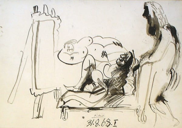 PABLO PICASSO (1881 - 1973) Painter and Models 1968 Ink on paper 37.5 x 52.5 cm Signed, dated 31/8/68 Certificate: Maya Picasso (10.07.07) Published: Zervos Vol. 27, No. 276 Provenance: Private Collection, Paris