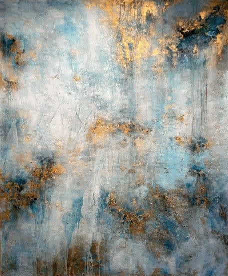 Ashes and Gold, 2023, Mixed media with volcanic ash, soot and kintsugi gold on canvas, 123 x 100 cm