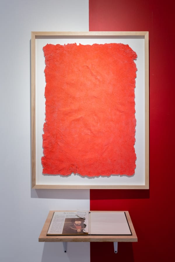 Andrey Guaianá Zignnatto, ABAPORU #4 (“THE MAN THAT EATS PEOPLE #4”), 2020, book pages recycled and dyed with urucum, book, 90 x 80 cm