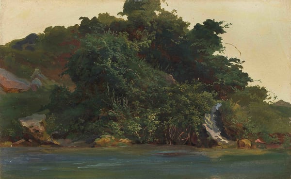 Johann Jakob FREY, Paesaggio con corso d’acqua e alberi, 1840 c., Olio su carta applicata su cartoncino