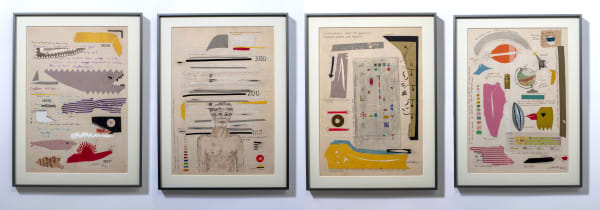 Shailesh B.R. Untitled, 2022 Ink, watercolour, gift wrap paper, gum tape stickers on old paper 9 x 10.5 in (each) Set of 5