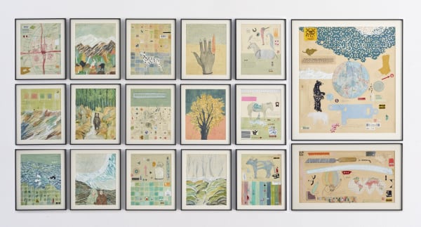 Shailesh B.R. First Snow Ink, poster color, watercolor, acrylic, gum tape, stickers, collages on silk-screened paper 41 x 82 in | 104.25 x 208.25 cm (Set of 17 panels) 2023