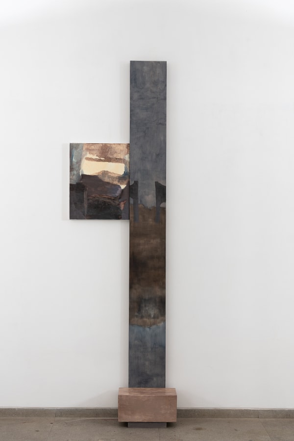 Biraaj Dodiya Open Gates Oil paint on wood, galvanized steel and linen Overall size: 84 x 22.5 in Plank size: 84 x 8.5 x 7 in | Painting size: 18 x 14 in | Steel block size: 13 x 6 x 6 in 2023