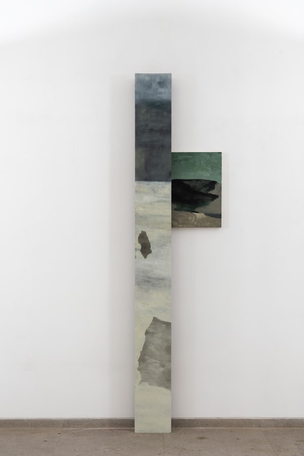 Biraaj Dodiya Hanging Rock Oil paint on wood and linen Overall size: 84 x 22.5 in Plank size: 84 x 8.5 x 4 in | Painting size: 18 x 14 in 2023