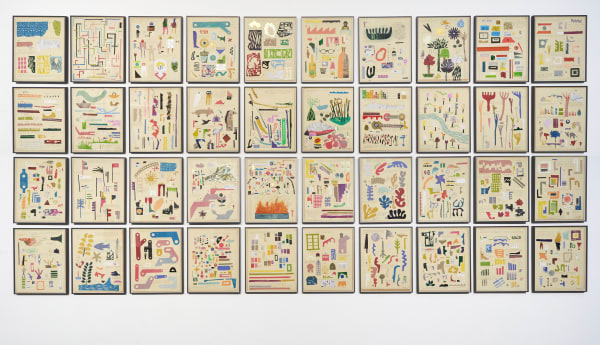 Shailesh B.R. Offshoot Poster colour, gum tape, pencil, stickers, collage on silk screened paper 14 x 11.5 in each Installation size 59 x 99 in 2023 Set of 40