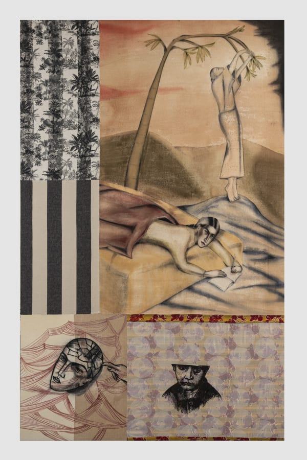 Orchard Notes Watercolour, charcoal and soft pastel on fabric stretched on board 2025