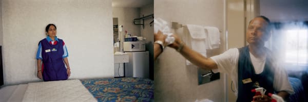 Gauri Gill Laljibhai and his wife Pushpa Ben Patel work as cleaners at Days Inn West. Knoxville, Tennessee 2004, from the series The Americans Archival pigment print
