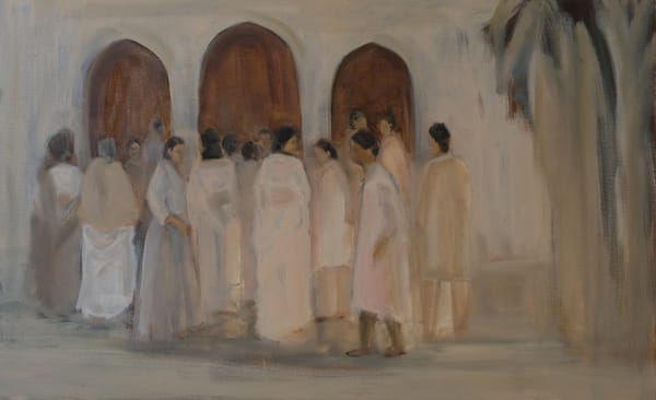 Joya Mukerjee Logue Gathered by the Arches Oil on linen 16 x 26 in 2024