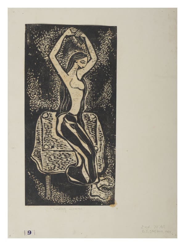 Gulammohammed Sheikh Sitting Woman, 1957 Woodcut