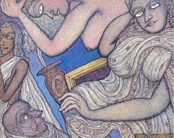 Jogen Chowdhury Dreaming Women, 2001 Pen and ink with oil pastels on paper