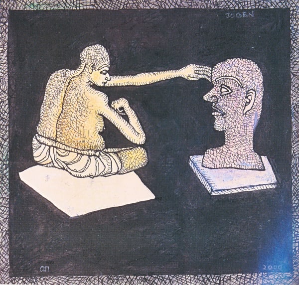 Jogen Chowdhury Sculpture and His Image, 2001 Pen and ink with oil pastels on paper