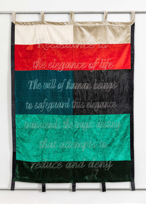 Anita Dube After Mireille Kassar (For Palestine) Velvet, cloth, thread, embroidery, wood