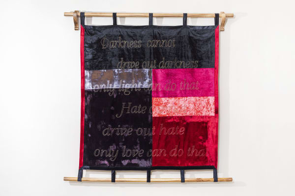 Anita Dube After Martin Luther King Velvet, cloth, thread, embroidery, wood