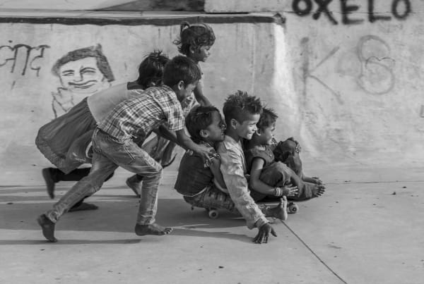 Chotu, 5 yrs, Sahina, 5 yrs, Chahna, 5 yrs, Raja, 4 yrs, Bali Ram, 10 yrs, Rohini, 4 yrs, Janwaar Village, Madhya Pradesh, India (from the series Janwaar Castle) Archival pigment print 24 x 36 in