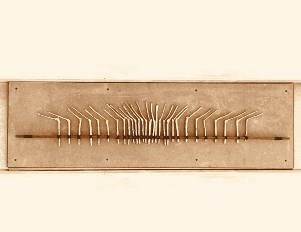 Teja Gavankar House II, 2025 Tin cast arranged in teak wood sticks with threads 60 x 38 x 1 in