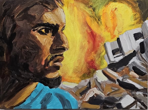 Sudhir Patwardhan Home is where the bombs are falling, 2025 Acrylic on canvas 12 x 16 in