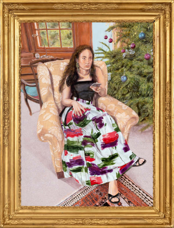 Faiza Butt Layla on Tik Tok, 2022 Oil glazes on board mounted in antique frame 53.5 x 41.25 in