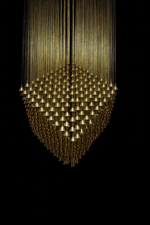 Than Para (No Land Without Us) 838 temple bell (brass), golden silk threads and metal frame 2025