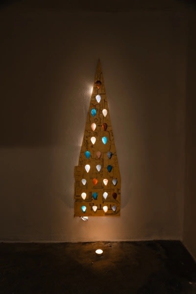 Dima Srouji Maintaining the Sacred III: Intergenerational Martyria 3, 2025 Taffouh Limestone and coloured glass 100 x 40 x 7 cm