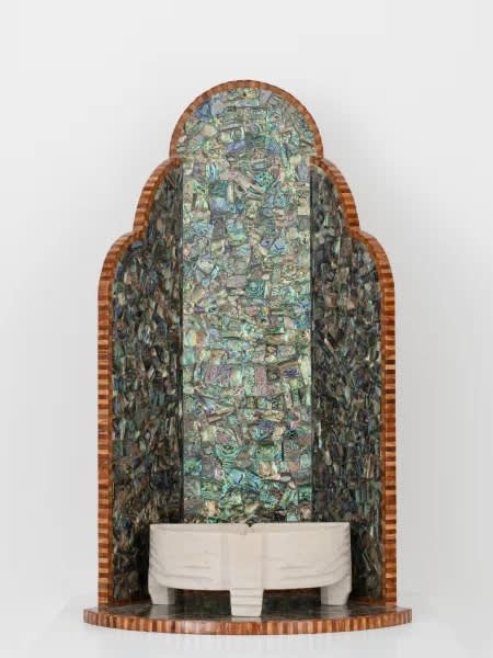 DIMA SROUJI Anointed Shrines 4, 2025 Mother of pearl inlay, wood, Injasa limestone 72 x 42 x 35 cm