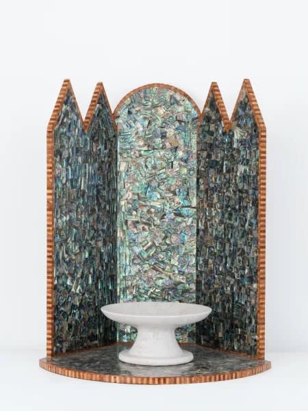 Dima Srouji Anointed Shrines 3, 2025 Mother of pearl inlay, wood, Injasa limestone 71.8 x 58 x 50 cm