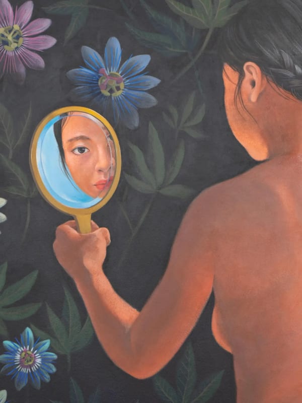 Sally J. Han, Mirror, 2025, acrylic paint on paper mounted on wood panel, 182.9 x 121.9 x 6.3 cm, courtesy of the artist and Salon 94