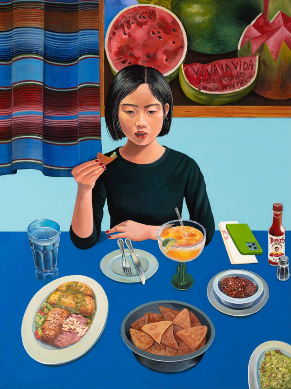 Sally J. Han, At Lupe's, 2022, acrylic on paper mounted on wood panel, 48 x 36 inches, Institute of Contemporary Art, Miami, Photo: Jason Mandella. Courtesy of the artist and Fortnight Institute