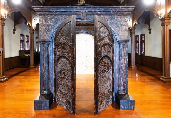 Cole Lu, The Engineers, 2024, burnt neem, burnt linen. Installation view, Wat Bowon, Bangkok. Photo: Seni Chunhacha.