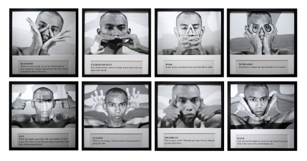 Moe Satt, F n’ F (Face and Fingers) -BLOSSOMS, CLOSED SOCIETY, MASK, NO REASON, GUN, TEASING, THUMBS UP, WAVE, 2008-2012, inkjet on giclee hahnemuhle photorag, 61 x 61 cm. Courtesy of the artist and Nova Contemporary