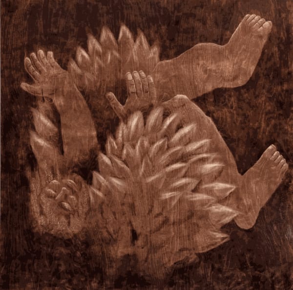 Angel Falling Through the Night, Orfeo Taguiri, 2021. Wood engraving, 121 x 10 x 81 cm.