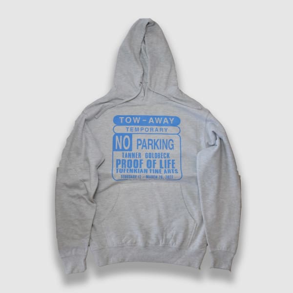Proof of Life Hoodie (Size L) Grey & Blue, Artwork by Tanner Goldbeck