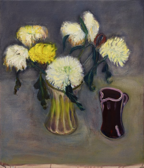 Rosalind Nashashibi Remembering the chrysanthemums, Seeking the chrysanthemums, Planting the chrysanthemums, Admiring the chrysanthemums, Arranging the chrysanthemums, Celebrating the chrysanthemums, Painting the chrysanthemums, Questioning the chrysanthemums..., 2024 Oil on linen 70 x 60 cm | 28 3/8 x 23 5/8 in.