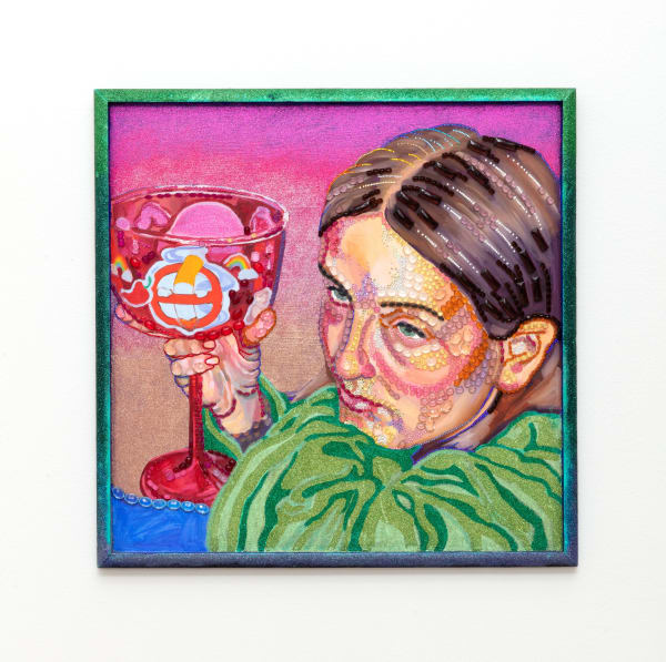 Hannah Lupton Reinhard Mia (After Kiddush), 2019-2022 Oil, glitter and Swarovski crystals on wood panel 24 x 24 inches