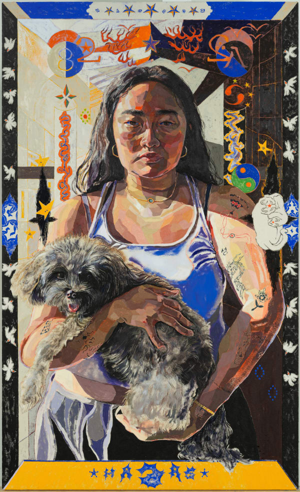 Oscar yi Hou Girl with the Dragon Tattoo, aka: Bushwick Bleeding Hearts Club, 2022 Acrylic and gouache on canvas 46 x 28 inches