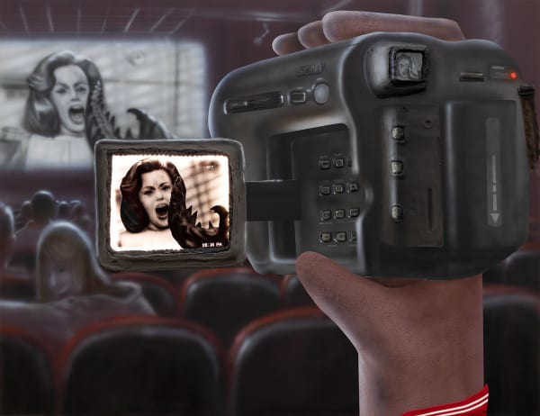 Trey Abdella Bootleg, 2021 Acrylic, plastic, resin, glass, fabric, and red lights on linen 60 x 78 inches