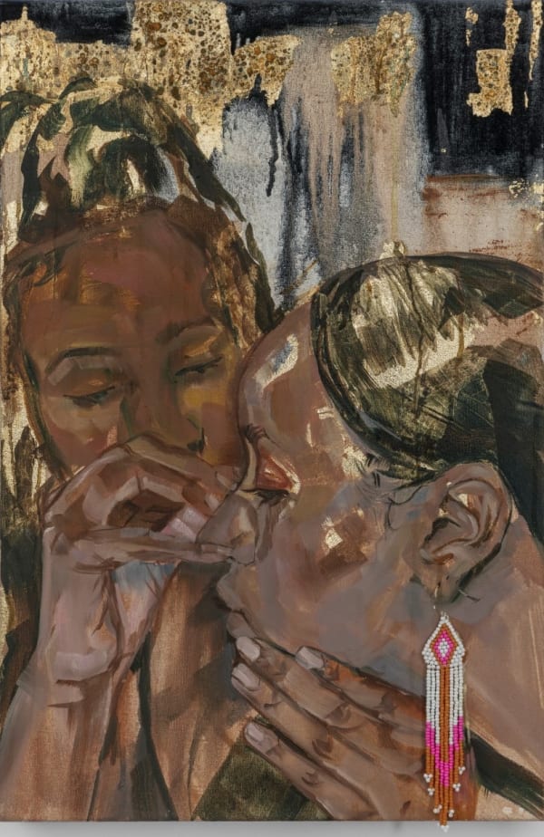 Emma Prempeh Adorn, 2023 Oil, acrylic, Schlag metal beads, and cotton thread on canvas 23 3/5 x 15 3/4 inches