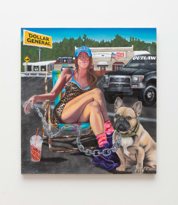 Mia Scarpa Could have been a lady, 2021 Oil, acrylic, sand, metal studs and glitter on canvas 27 1/2 x 26 inches