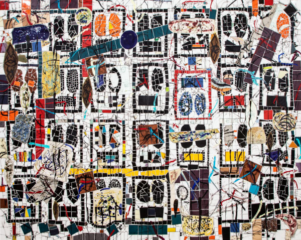 Rashid Johnson Untitled Broken Crowd, 2021 Ceramic tile, mirror tile, branded red oak, oyster shell, spray enamel, oil stick, black soap, wax 94 1/2 x 124 3/4 inches