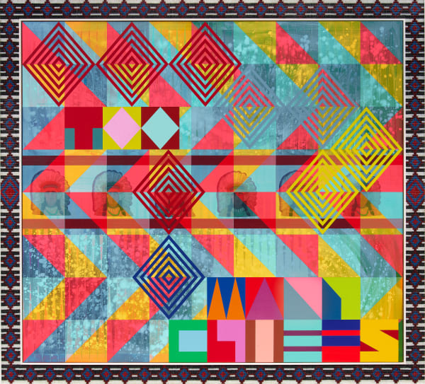 Jeffrey Gibson TOO MANY CHIEFS , 2022 Acrylic on canvas, archival pigment print on cotton poplin, glass beads, and artificial sinew, inset to custom wood frame 70 1/8 x 78 inches
