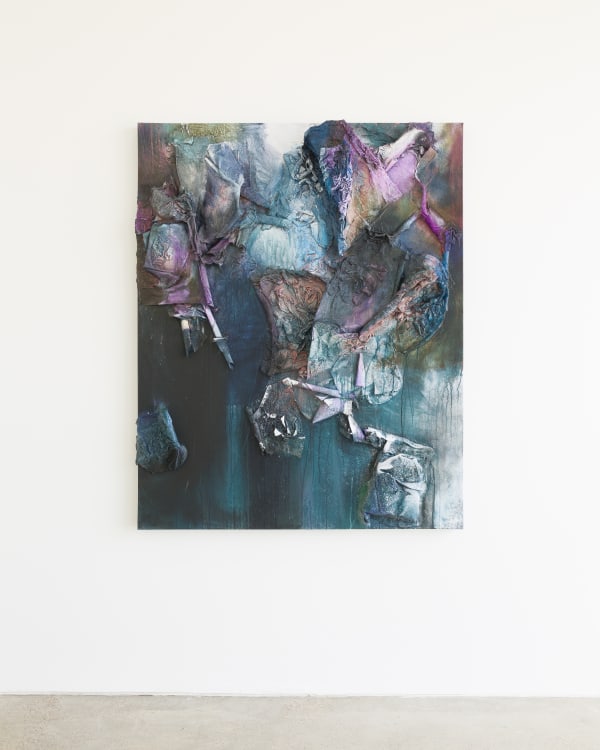 Leslie Martinez Talking Points, 2024 Canvas scraps, used studio rags, used studio clothing, polyester sewing threads, paper fragments, paint chips, modeling paste, and acrylic paint on canvas 60 x 48 x 6 inches