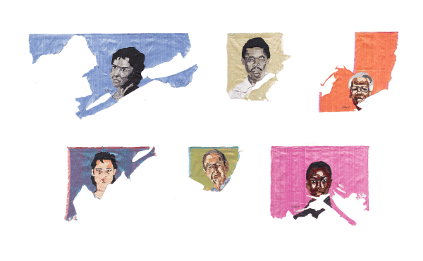 Billie Zangewa Family Ties, 2021 Hand-stitched silk collage 40 x 79 inches